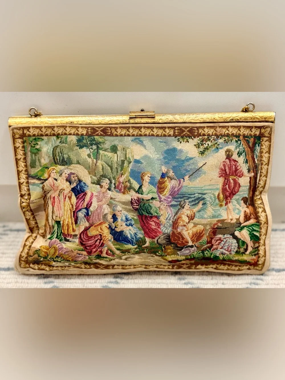1930’s Vintage Scenic Tapestry Rhinestone Fleur-de-Lis-Clasp Coquette Handbag - Picture 2 of 16